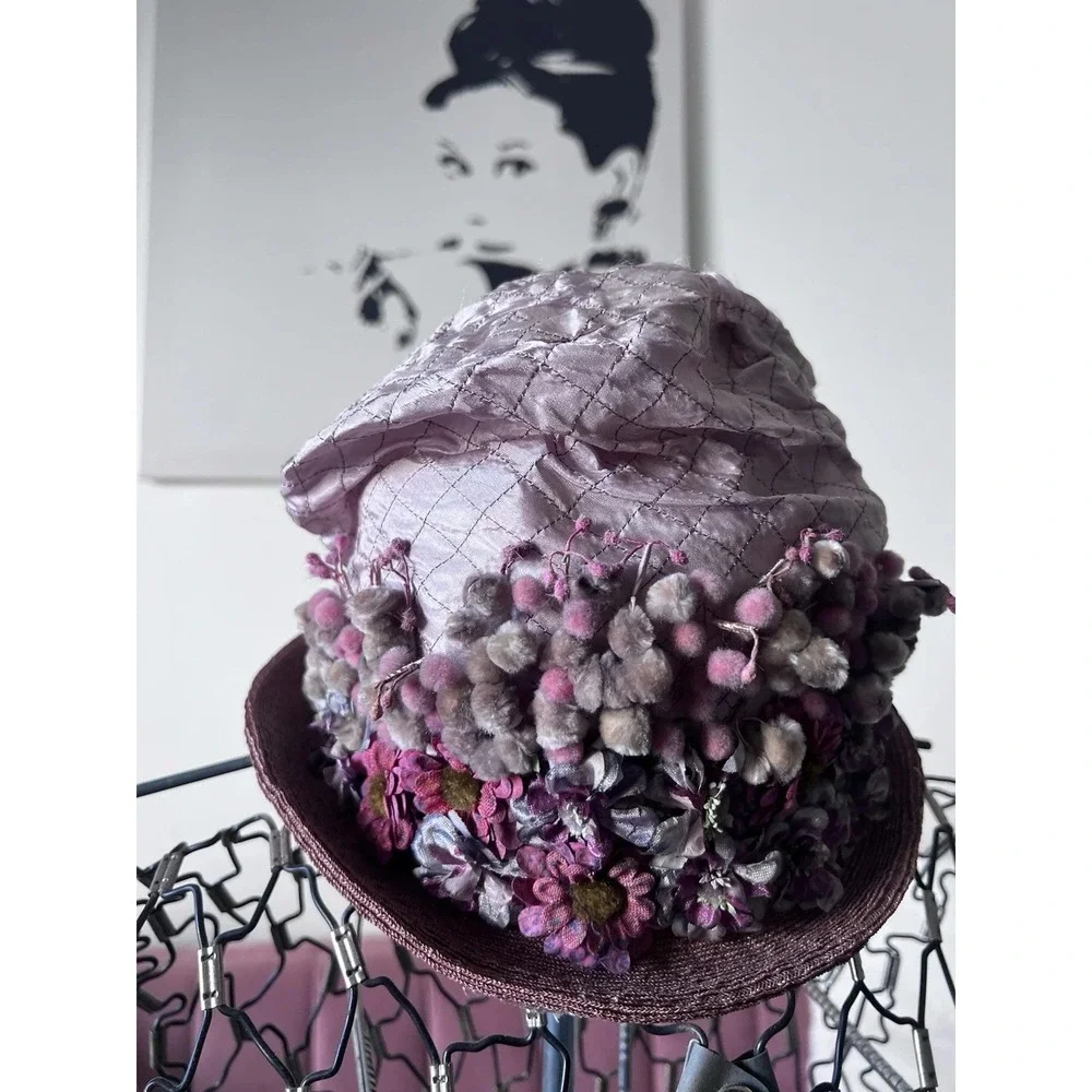 Vintage Lavender Quilted Silk Floral Toque Hat Mauve Pom Pom‎ Mid Century Style